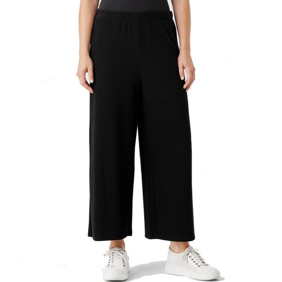 Eileen Fisher Organic Cotton Slubby Rib Knit Wide Leg Cropped Pant L Black - Picture 1 of 13